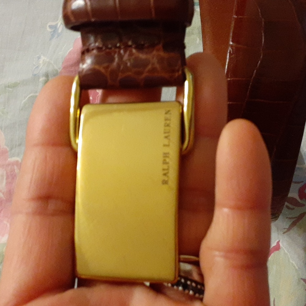 NWOT Vtg Ralph Lauren Brass Croc Embossed Brown Leather Belt Sz S